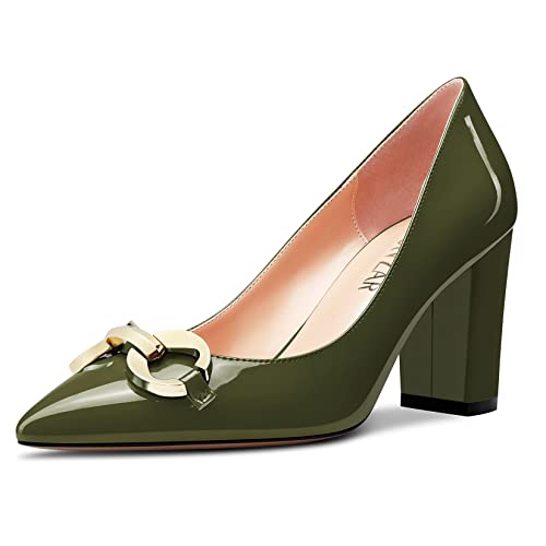 HEUIVZAR Damen Dress Spitze Zehenkappe Blockabsatz Chunky Hoher High Absatz Heel Pumps Lackleder Slip-on Schuhe Olive Grün 8 cm 39 EU von HEUIVZAR