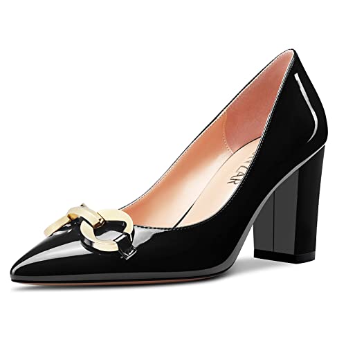 HEUIVZAR Damen Dress Spitze Zehenkappe Blockabsatz Chunky Hoher High Absatz Heel Pumps Lackleder Slip-on Schuhe Schwarz 8 cm 40 EU von HEUIVZAR