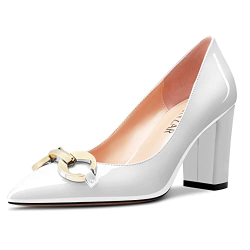 HEUIVZAR Damen Dress Spitze Zehenkappe Blockabsatz Chunky Hoher High Absatz Heel Pumps Lackleder Slip-on Schuhe Weiß 8 cm 39 EU von HEUIVZAR