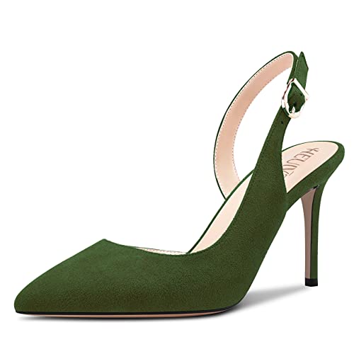 HEUIVZAR Damen Hoher High Absatz Heel Pumps Spitze Zehenkappe Stiletto Absatz Heel Knöchelriemen Slingback Sandalen Wildleder Dress Schuhe Bräutigam Olive Grün 10 cm 39 EU von HEUIVZAR