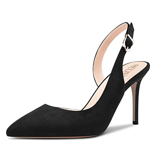 HEUIVZAR Damen Hoher High Absatz Heel Pumps Spitze Zehenkappe Stiletto Absatz Heel Knöchelriemen Slingback Sandalen Wildleder Dress Schuhe Bräutigam Schwarz 10 cm 43 EU von HEUIVZAR