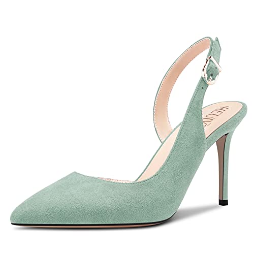 HEUIVZAR Damen Hoher High Absatz Heel Pumps Spitze Zehenkappe Stiletto Absatz Heel Knöchelriemen Slingback Sandalen Wildleder Dress Schuhe Bräutigam Türkis Grün 10 cm 39 EU von HEUIVZAR