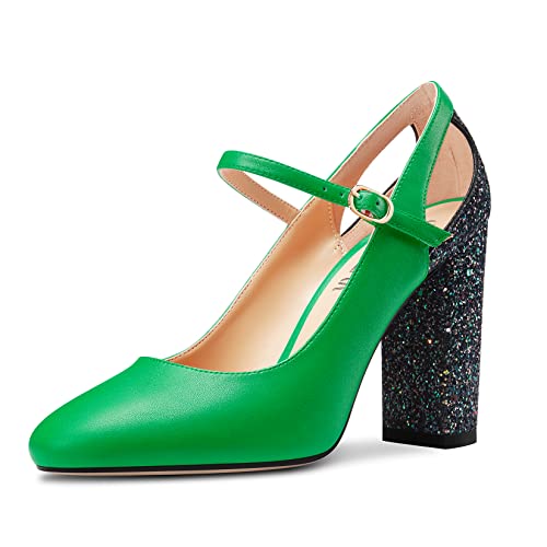 HEUIVZAR Damen Hoher High Chunky Blockabsatz Absatz Heel Runde Zehenkappe Pumps Mary Jane Patchwork Hochzeit Glitzer 10 cm Heels Grasgrün 42 EU von HEUIVZAR