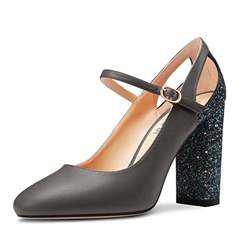 HEUIVZAR Damen Hoher High Chunky Blockabsatz Absatz Heel Runde Zehenkappe Pumps Mary Jane Patchwork Hochzeit Glitzer 10 cm Heels Metallisch 39 EU von HEUIVZAR