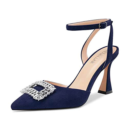 HEUIVZAR Damen Hoher High Chunky Blockabsatz Absatz Heel Spitze Zehenkappe Sandalen Knöchelriemen Diamant Kristall Schnalle Hochzeit Dress Schuhe Navy Blau 40 EU von HEUIVZAR