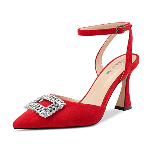 HEUIVZAR Damen Hoher High Chunky Blockabsatz Absatz Heel Spitze Zehenkappe Sandalen Knöchelriemen Diamant Kristall Schnalle Hochzeit Dress Schuhe Rot 39 EU von HEUIVZAR