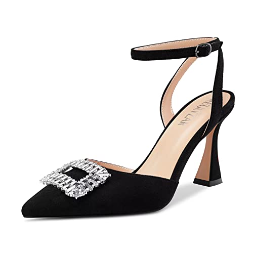HEUIVZAR Damen Hoher High Chunky Blockabsatz Absatz Heel Spitze Zehenkappe Sandalen Knöchelriemen Diamant Kristall Schnalle Hochzeit Dress Schuhe Schwarz 41 EU von HEUIVZAR