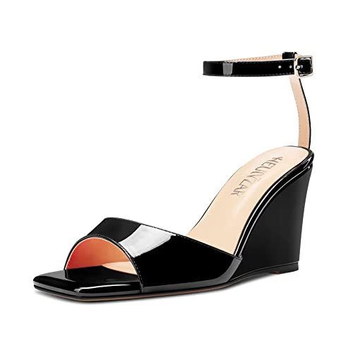 HEUIVZAR Damen Hoher High Keilabsatz Absatz Heel Peep Open Zehenkappe Sandalen Knöchelriemen Schnalle Hochzeit Dress 10 CM Heels Schwarz 44 EU von HEUIVZAR