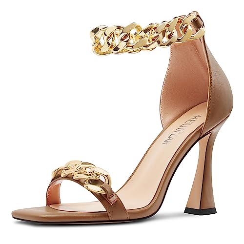 HEUIVZAR Damen Hoher High Kitten Absatz Heel Eckige Zehenkappe Sandalen Knöchelriemen Reißverschluss Metall Kette Hochzeit Dress 10 CM Heels Braun 38 EU von HEUIVZAR