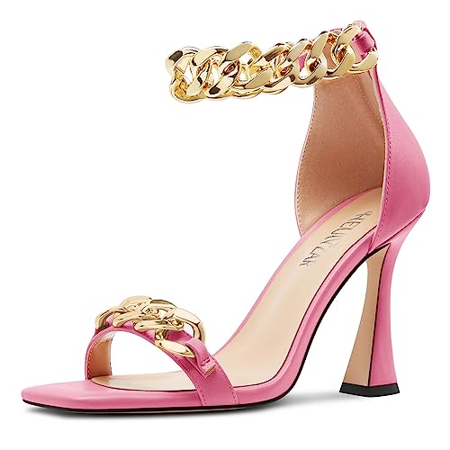 HEUIVZAR Damen Hoher High Kitten Absatz Heel Eckige Zehenkappe Sandalen Knöchelriemen Reißverschluss Metall Kette Hochzeit Dress 10 CM Heels Pfirsichrosa 40 EU von HEUIVZAR