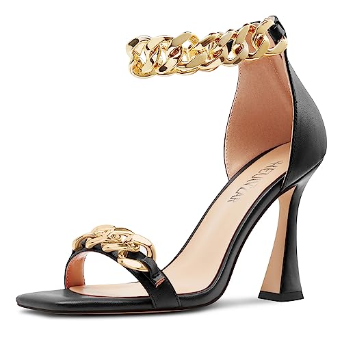 HEUIVZAR Damen Hoher High Kitten Absatz Heel Eckige Zehenkappe Sandalen Knöchelriemen Reißverschluss Metall Kette Hochzeit Dress 10 CM Heels Schwarz 43 EU von HEUIVZAR