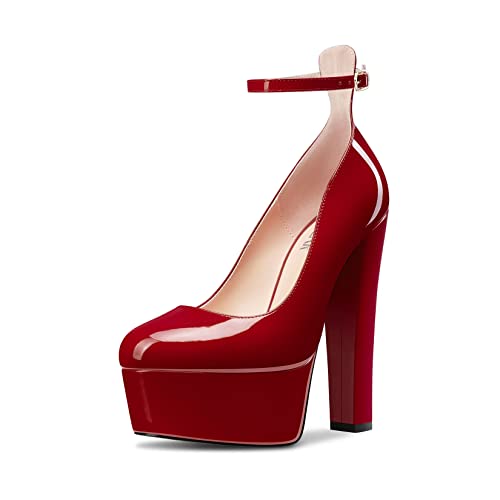 HEUIVZAR Damen Hoher High Plateau Plattform Chunky Blockabsatz Absatz Heel Geschlossene Zehenkappe Pumps Knöchelriemen Party Dress 15 cm Heels Burgund Rot 40 EU von HEUIVZAR