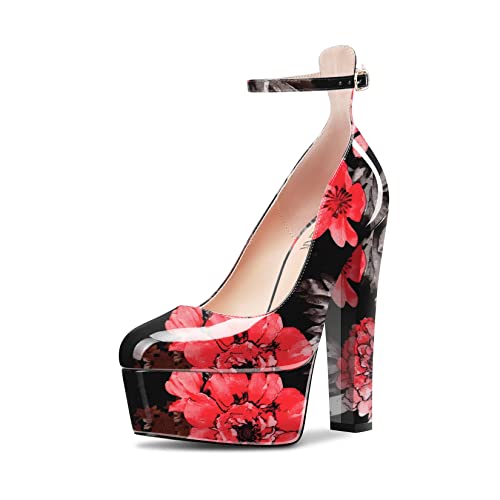 HEUIVZAR Damen Hoher High Plateau Plattform Chunky Blockabsatz Absatz Heel Geschlossene Zehenkappe Pumps Knöchelriemen Party Dress 15 cm Heels Schwarz Mehrfarbig 39 EU von HEUIVZAR
