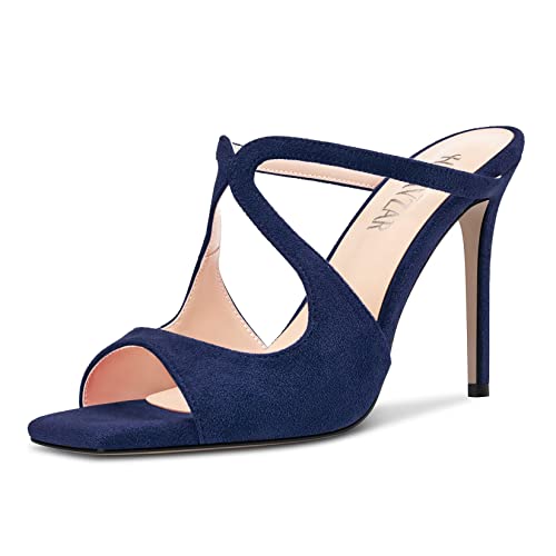 HEUIVZAR Damen Hoher High Stiletto Absatz Heel Peep Open Eckige Zehenkappe Sandalen Slip-on Slingback Hochzeit Dress 10 CM Heels Navy Blau 38 EU von HEUIVZAR