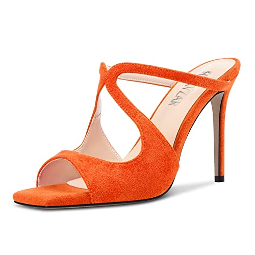 HEUIVZAR Damen Hoher High Stiletto Absatz Heel Peep Open Eckige Zehenkappe Sandalen Slip-on Slingback Hochzeit Dress 10 CM Heels Orange 42 EU von HEUIVZAR