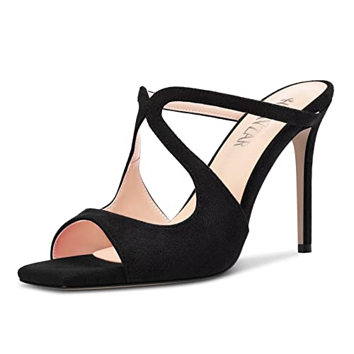 HEUIVZAR Damen Hoher High Stiletto Absatz Heel Peep Open Eckige Zehenkappe Sandalen Slip-on Slingback Hochzeit Dress 10 CM Heels Schwarz 40 EU von HEUIVZAR