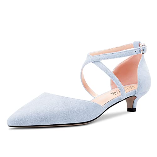 HEUIVZAR Damen Kitten Absatz Heel Pumps Spitze Zehenkappe Niedrige Absatz Heel Sandalen Querträger Knöchelriemen Sandalen Wildleder Dress Schuhe Himmelblau 3.5 cm 38 EU von HEUIVZAR