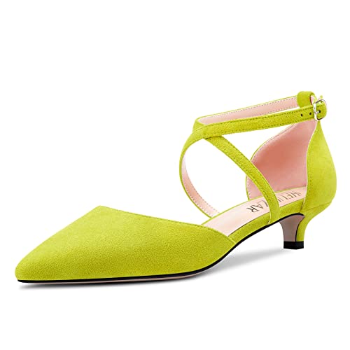 HEUIVZAR Damen Kitten Absatz Heel Pumps Spitze Zehenkappe Niedrige Absatz Heel Sandalen Querträger Knöchelriemen Sandalen Wildleder Dress Schuhe Limonengrün 3.5 cm 40 EU von HEUIVZAR
