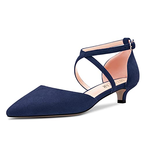 HEUIVZAR Damen Kitten Absatz Heel Pumps Spitze Zehenkappe Niedrige Absatz Heel Sandalen Querträger Knöchelriemen Sandalen Wildleder Dress Schuhe Marineblau 3.5 cm 38 EU von HEUIVZAR