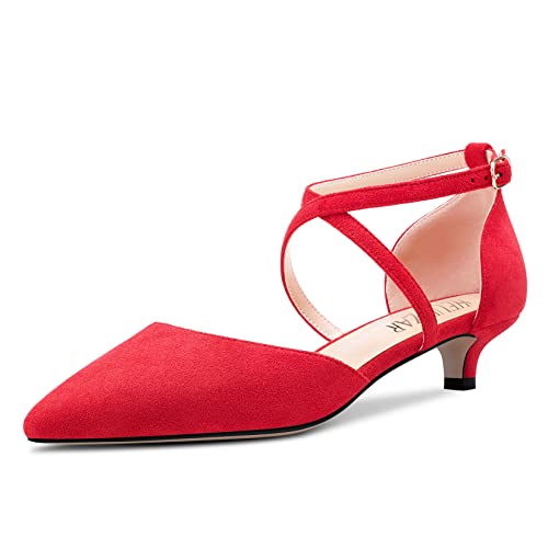 HEUIVZAR Damen Kitten Absatz Heel Pumps Spitze Zehenkappe Niedrige Absatz Heel Sandalen Querträger Knöchelriemen Sandalen Wildleder Dress Schuhe Rot Wildleder 3.5 cm 43 EU von HEUIVZAR
