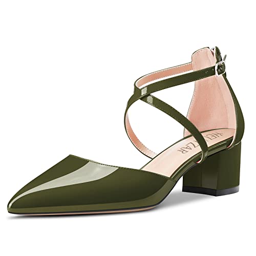 HEUIVZAR Damen Knöchelriemen Pumps Spitze Zehenkappe Sandalen Querträger Niedrige Kitten Blockabsatz Chunky Absatz Heel Lackleder Dress Schuhe Cute Casual Hochzeit Olive Grün 5 cm 38 EU von HEUIVZAR