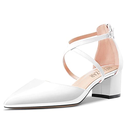 HEUIVZAR Damen Knöchelriemen Pumps Spitze Zehenkappe Sandalen Querträger Niedrige Kitten Blockabsatz Chunky Absatz Heel Lackleder Dress Schuhe Cute Casual Hochzeit Weiß 5 cm 36 EU von HEUIVZAR