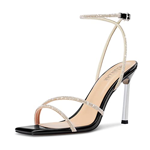 HEUIVZAR Damen Mittlerem Absatz Heel Peep Open Eckige Zehenkappe Sandalen Slingback Knöchelriemen Diamant Kristall Abschlussball Dress 8.5 CM Heels Schwarz 39 EU von HEUIVZAR