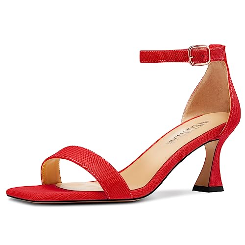 HEUIVZAR Damen Mittlerem Kitten Absatz Heel Eckige Zehenkappe Sandalen Knöchelriemen Schnalle Büroschuhe Cute Sommer 6.5 CM Heels Rot 40 EU von HEUIVZAR