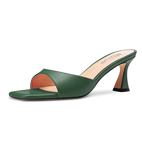 HEUIVZAR Damen Mittlerem Kitten Absatz Heel Peep Open Eckige Zehenkappe Pantoletten Schuhe Slip-on Büroschuhe Party Cute 6.5 CM Heels Dunkelgrün 38 EU von HEUIVZAR