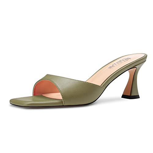 HEUIVZAR Damen Mittlerem Kitten Absatz Heel Peep Open Eckige Zehenkappe Pantoletten Schuhe Slip-on Büroschuhe Party Cute 6.5 CM Heels Grün A 38 EU von HEUIVZAR