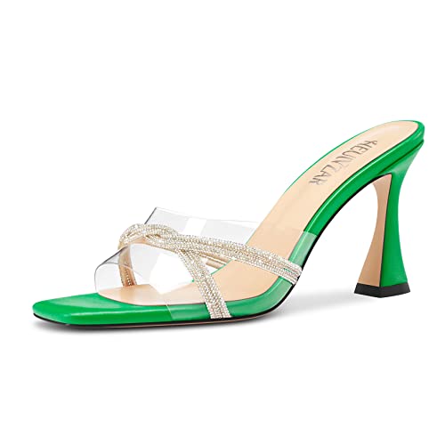 HEUIVZAR Damen Mittlerem Kitten Absatz Heel Peep Open Eckige Zehenkappe Pantoletten Schuhe Slip-on Diamant Kristall Abschlussball Clear Sommer Schuhe Grasgrün 39 EU von HEUIVZAR