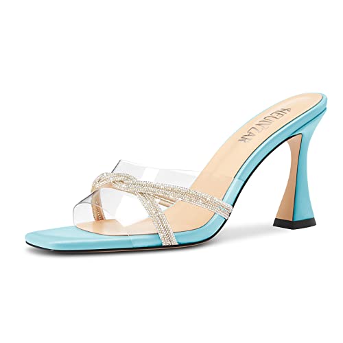 HEUIVZAR Damen Mittlerem Kitten Absatz Heel Peep Open Eckige Zehenkappe Pantoletten Schuhe Slip-on Diamant Kristall Abschlussball Clear Sommer Schuhe Himmelblau 42 EU von HEUIVZAR