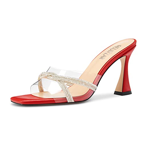 HEUIVZAR Damen Mittlerem Kitten Absatz Heel Peep Open Eckige Zehenkappe Pantoletten Schuhe Slip-on Diamant Kristall Abschlussball Clear Sommer Schuhe Rot 37 EU von HEUIVZAR