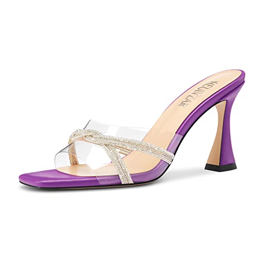 HEUIVZAR Damen Mittlerem Kitten Absatz Heel Peep Open Eckige Zehenkappe Pantoletten Schuhe Slip-on Diamant Kristall Abschlussball Clear Sommer Schuhe Violett 39 EU von HEUIVZAR
