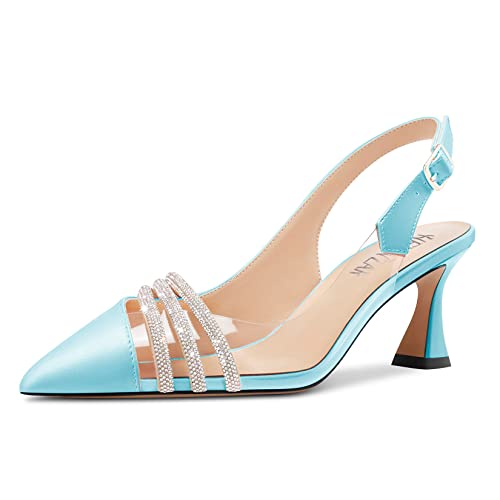 HEUIVZAR Damen Mittlerem Kitten Absatz Heel Spitze Zehenkappe Sandalen Pumps Slingback Diamant Kristall Büroschuhe Dress 6.5 cm Heels Hellblau 37 EU von HEUIVZAR