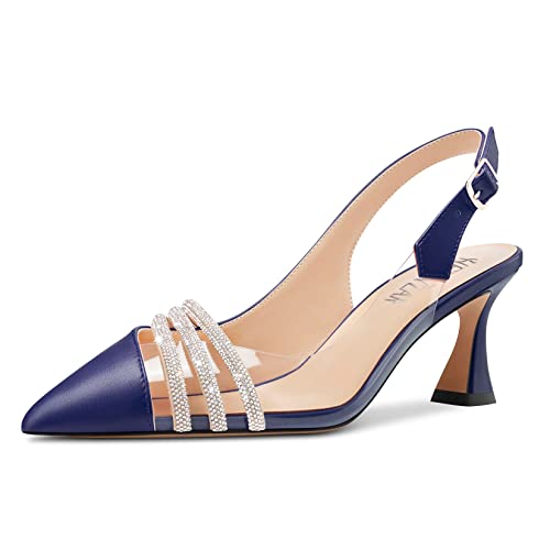 HEUIVZAR Damen Mittlerem Kitten Absatz Heel Spitze Zehenkappe Sandalen Pumps Slingback Diamant Kristall Büroschuhe Dress 6.5 cm Heels Marineblau 40 EU von HEUIVZAR