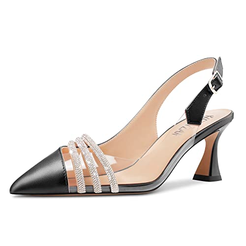 HEUIVZAR Damen Mittlerem Kitten Absatz Heel Spitze Zehenkappe Sandalen Pumps Slingback Diamant Kristall Büroschuhe Dress 6.5 cm Heels Schwarz 38 EU von HEUIVZAR