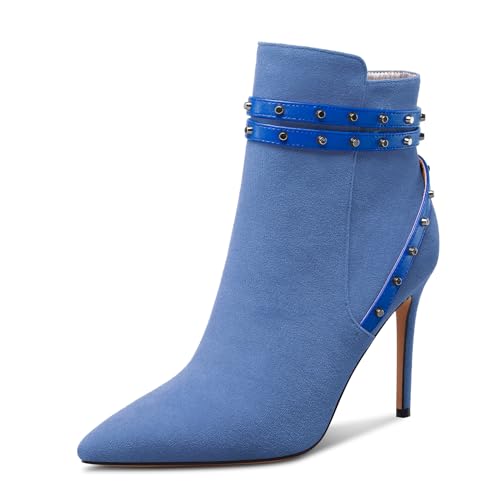 HEUIVZAR Damen Mittlerem Stiletto Absatz Heel Geschlossene Spitze Zehenkappe Reißverschluss Stiefeletten Dress Nieten Abschlussball Stiefel 8 CM Heels Blau 38 EU von HEUIVZAR