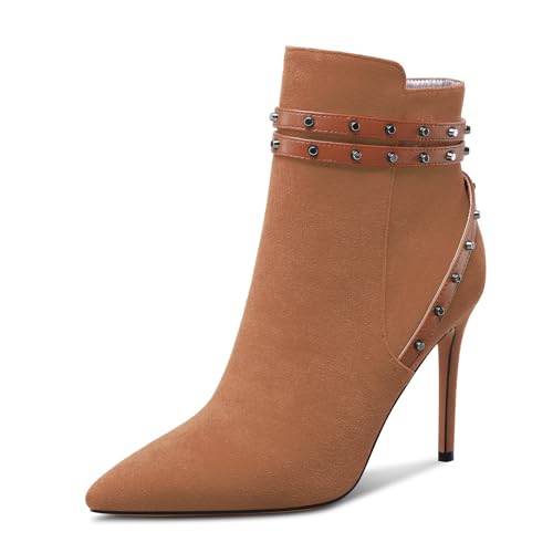 HEUIVZAR Damen Mittlerem Stiletto Absatz Heel Geschlossene Spitze Zehenkappe Reißverschluss Stiefeletten Dress Nieten Abschlussball Stiefel 8 CM Heels Braun 38 EU von HEUIVZAR