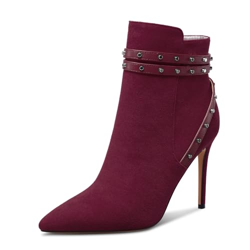 HEUIVZAR Damen Mittlerem Stiletto Absatz Heel Geschlossene Spitze Zehenkappe Reißverschluss Stiefeletten Dress Nieten Abschlussball Stiefel 8 CM Heels Burgunderrot 41 EU von HEUIVZAR