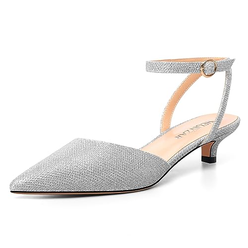 HEUIVZAR Damen Niedrige Kitten Absatz Heel Glitzer Spitze Zehenkappe Slingback Knöchelriemen Pumps Hochzeit Schnalle Sandalen 3.5 cm Heels Silber 36 EU von HEUIVZAR