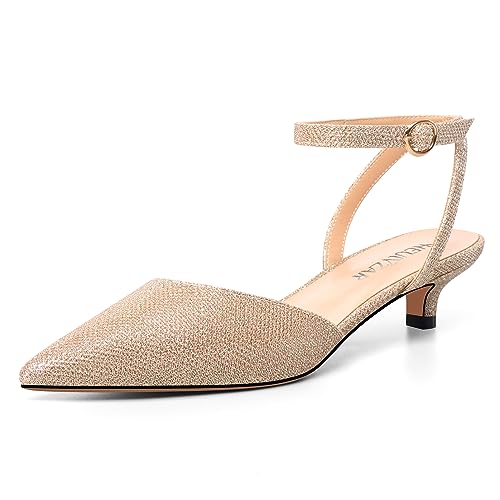 HEUIVZAR Damen Niedrige Kitten Absatz Heel Glitzer Spitze Zehenkappe Slingback Knöchelriemen Pumps Hochzeit Schnalle Sandalen 3.5 cm Heels Champagnerfarbe 40 EU von HEUIVZAR