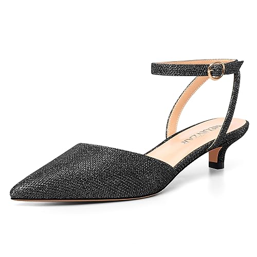 HEUIVZAR Damen Niedrige Kitten Absatz Heel Glitzer Spitze Zehenkappe Slingback Knöchelriemen Pumps Hochzeit Schnalle Sandalen 3.5 cm Heels Schwarz 40 EU von HEUIVZAR