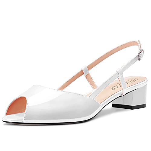 HEUIVZAR Damen Open Peep Zehenkappe Pumps Sandalen Niedrige Blockabsatz Chunky Absatz Heel Knöchelriemen Slingback Lackleder Dress Schuhe Weiß 3.5 CM 43 EU von HEUIVZAR
