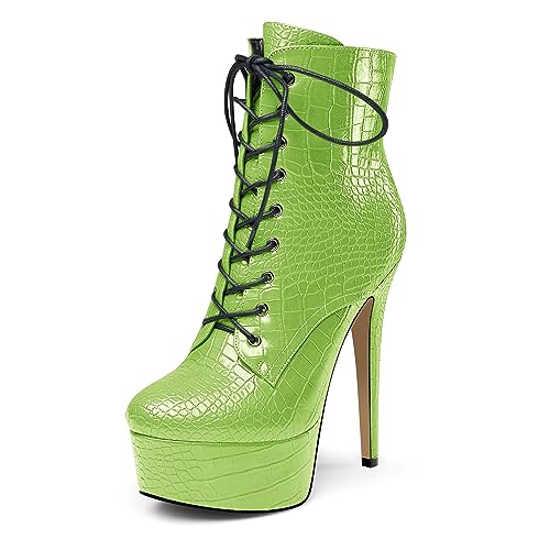 HEUIVZAR Damen Plateau Plattform Hoher High Stiletto Absatz Heel Stiefeletten Reißverschluss Schnüren Schnürung Runde Zehenkappe Hochzeit Stiefel Apfelgrün 39 EU von HEUIVZAR