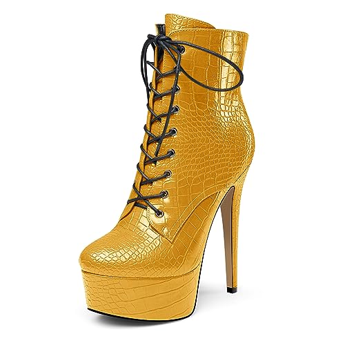 HEUIVZAR Damen Plateau Plattform Hoher High Stiletto Absatz Heel Stiefeletten Reißverschluss Schnüren Schnürung Runde Zehenkappe Hochzeit Stiefel Gelb 39 EU von HEUIVZAR