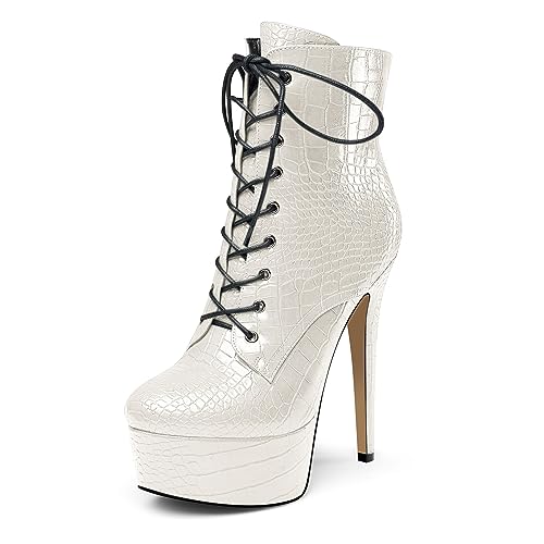 HEUIVZAR Damen Plateau Plattform Hoher High Stiletto Absatz Heel Stiefeletten Reißverschluss Schnüren Schnürung Runde Zehenkappe Hochzeit Stiefel Weiß 40 EU von HEUIVZAR