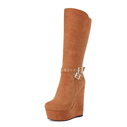 HEUIVZAR Damen Plateau Plattform Keilabsatz Hoher High Absatz Heel Runde Zehenkappe Mid Calf Reißverschluss Party Dress 15 CM Heels Braun Wildleder 42 EU von HEUIVZAR