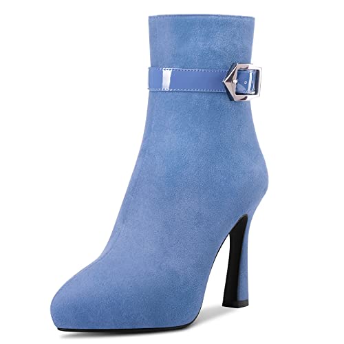 HEUIVZAR Damen Plateau Plattform Stiefeletten Blockabsatz Chunky Hoher High Absatz Heel Geschlossene Runde Zehenkappe Reißverschluss Schnalle Schuhe Party Wildleder Hellblau 10 CM 38 EU von HEUIVZAR