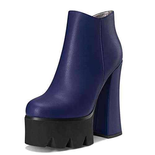 HEUIVZAR Damen Plateau Plattform Stiefeletten Hoher High Blockabsatz Chunky Absatz Heel Geschlossene Runde Zehenkappe Matt Schuhe Reißverschluss Blau 4 14 CM 36 EU von HEUIVZAR